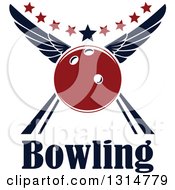 Clipart Of A Red Winged Bowling Ball In An Alley With Stars Over Text Royalty Free Vector Illustration