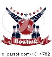 Clipart Of A Red Winged Bowling Ball With Stars Over Pins And A Text Banner Royalty Free Vector Illustration