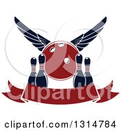 Clipart Of A Red Winged Bowling Ball Over Pins And A Blank Banner Royalty Free Vector Illustration