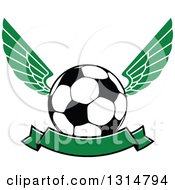 Poster, Art Print Of Green Winged Soccer Ball With A Blank Banner