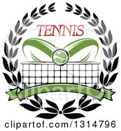 Poster, Art Print Of Tennis Ball Over Abstract Rackets A Net Blank Green Banner And Text In A Black Wreath