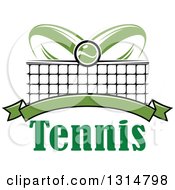 Poster, Art Print Of Tennis Ball Over Abstract Rackets A Net Blank Green Banner And Text