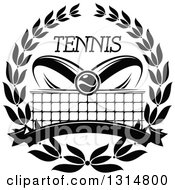 Poster, Art Print Of Black And White Tennis Ball Over Abstract Rackets A Net Blank Banner And Text In A Wreath