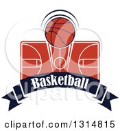 Clipart Of A Basketball Over A Court And Text Ribbon Banner Royalty Free Vector Illustration