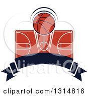 Poster, Art Print Of Basketball Over A Court And Blank Ribbon Banner