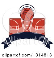 Clipart Of A Basketball Over A Court And Blank Ribbon Banner Royalty Free Vector Illustration