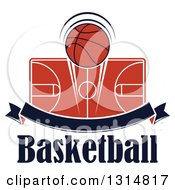 Poster, Art Print Of Basketball Over A Court Blank Ribbon Banner And Text