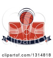 Basketball Over A Court And Blank Navy Blue Ribbon Banner