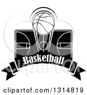 Clipart Of A Black And White Basketball Over A Court And Text Banner Royalty Free Vector Illustration