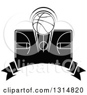 Clipart Of A Black And White Basketball Over A Court And Blank Ribbon Banner Royalty Free Vector Illustration