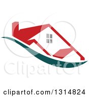 Poster, Art Print Of House With A Red Roof Over A Teal Swoosh