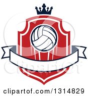 Poster, Art Print Of Volleyball On A Red And White Shield With A Crown And Blank Ribbon Banner