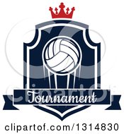 Poster, Art Print Of Volleyball On A Navy Blue And White Shield With A Crown And Tournament Text Banner