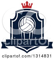 Poster, Art Print Of Volleyball On A Navy Blue And White Shield With A Crown And Blank Ribbon Banner
