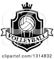 Poster, Art Print Of Black And White Volleyball On A Shield With A Crown And Text Banner
