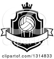 Poster, Art Print Of Black And White Volleyball On A Shield With A Crown And Blank Ribbon Banner
