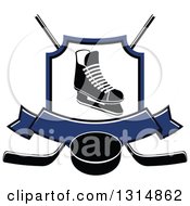 Poster, Art Print Of Black And White Ice Skate In A Shield Over Crossed Hockey Sticks A Blue Banner And Puck
