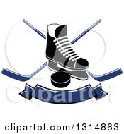 Black And White Ice Skate Over Crossed Hockey Sticks A Blue Banner And Puck