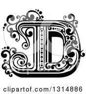 Clipart Of A Retro Black And White Capital Letter D With Flourishes Royalty Free Vector Illustration