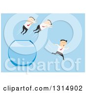 Clipart Of A Flat Design Of White Businessmen Leaping Out Of A Fish Bowl On Blue Royalty Free Vector Illustration