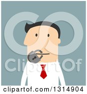 Clipart Of A Flat Design White Businessman With His Mouth Locked In A Padlock On Blue Royalty Free Vector Illustration