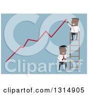 Poster, Art Print Of Flat Design Black Businessman On A Ladder Cheering Over A Growth Arrow While Someone Cuts The Ladder On Blue