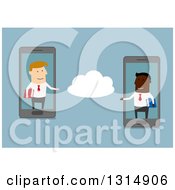 Poster, Art Print Of Flat Design Of White And Black Businessmen Commuting Via Cloud Service On Smart Cell Phones