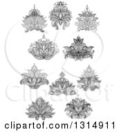Clipart Of Black And White Henna And Lotus Flowers 10 Royalty Free Vector Illustration