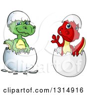 Clipart Of Cute Green And Red Hatching Dinosaurs Royalty Free Vector Illustration