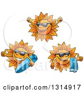 Poster, Art Print Of Cartoon Happy Summer Sun Characters Wearing Shades Cheering Holding A Towel And Surf Board