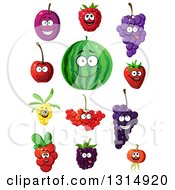 Poster, Art Print Of Cartoon Happy Plum Raspberry Grapes Strawberry Watermelon Cherry Currants And Blackberry Characters