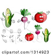 Clipart Of Cartoon Faces Hands Corn Beets And Tomatoes Royalty Free Vector Illustration