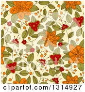 Poster, Art Print Of Seamless Orange Red And Green Doodled Flower Pattern Background On Pastel Yellow