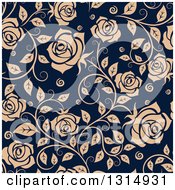 Poster, Art Print Of Seamless Pattern Of Tan Roses On Navy Blue