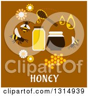 Flat Design Circle Of Honey Icons With Text On Brown