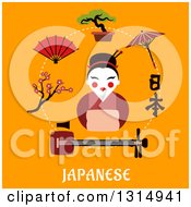 Flat Design Circle Of Japanese Items Cherry Blossom Fan Bonsai Umbrella And Calligraphy Around A Geisha Girl Over Text On Orange