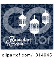 Poster, Art Print Of Ramadan Kareem Greeting With White Lanterns Over A Blue Pattern 3