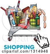 Hand Cursor Over A Cart Full Of Groceries With Text