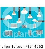Flat Design Of Hands Holding Clouds With Hanging Electronic Devices For Storage Over Binary Code On Blue