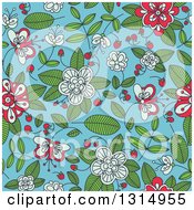 Clipart Of A Seamless Background Pattern Of Doodled Strawberry Blossoms Plants And Berries Over Blue Royalty Free Vector Illustration