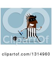 Poster, Art Print Of Black Shackled Robber Running With A Credit Card On Blue