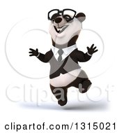 Clipart Of A 3d Bespectacled Happy Business Panda Jumping Royalty Free Illustration