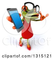Clipart Of A 3d Bespectacled Green Female Springer Frog Holding Up A Smart Cell Phone Gesturing Call Me Royalty Free Illustration