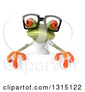 Clipart Of A 3d Bespectacled Casual Green Springer Frog Wearing A White T Shirt Over A Sign Royalty Free Illustration