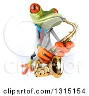 Clipart Of A 3d Green Doctor Springer Frog Looking Up And Playing A Saxophone Royalty Free Illustration