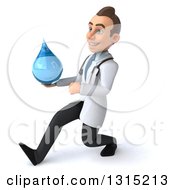 Clipart Of A 3d Young Brunette White Male Doctor Speed Walking To The Left And Holding A Water Droplet Royalty Free Illustration