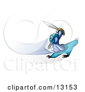 Poster, Art Print Of Blue Man Holding Up A Sword And Flying On A Magic Carpet
