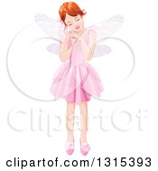 Poster, Art Print Of White Fairy Girl Dressed In Pink Holding A Magic Wand And Closing Her Eyes