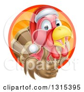 Poster, Art Print Of Christmas Turkey Bird Wearing A Santa Hat And Giving A Thumb Up In A Circle Of Rays