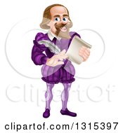 Cartoon Full Length Happy William Shakespeare Holding A Scroll And Feather Quill